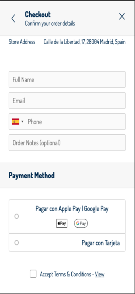 Pantalla de pago de la aplicación móvil Aloha Poke con opciones de pago y formulario de contacto