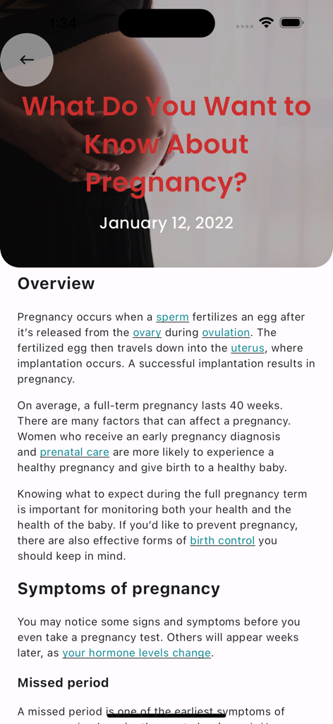 Bisa - Educational screen about pregnancy symptoms and overview on the Bisa health app
