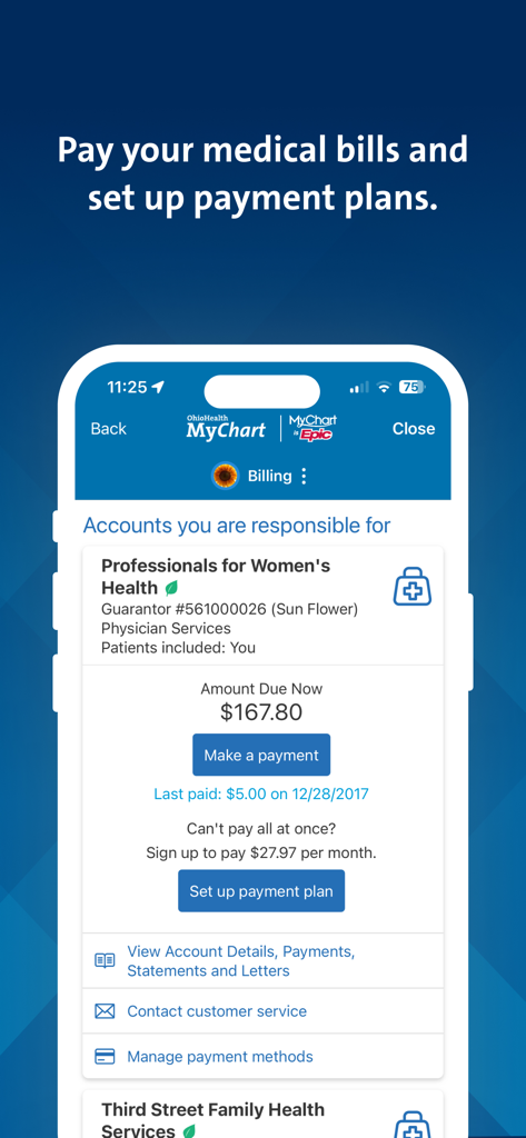OhioHealth app interface for paying medical bills and setting up payment plans.