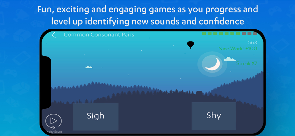 Hearoes - Empower Your Hearing - Hearoes app game interface for practicing common consonant pairs like Sigh and Shy