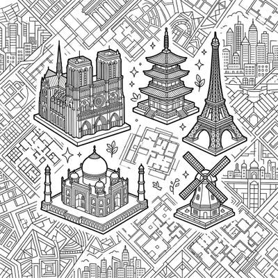 Embark on a global adventure with this captivating architectural miniatures coloring page, showcasing detailed renditions of the world's most iconic buildings. Perfect for history enthusiasts and aspiring artists, this template offers a delightful challenge to bring these famous landmarks to life.