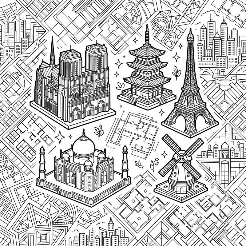 Embark on a global adventure with this captivating architectural miniatures coloring page, showcasing detailed renditions of the world's most iconic buildings. Perfect for history enthusiasts and aspiring artists, this template offers a delightful challenge to bring these famous landmarks to life.