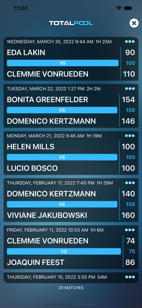 Liste früherer Billard-Spielergebnisse mit Spielernamen, Ergebnissen und Spieldauer