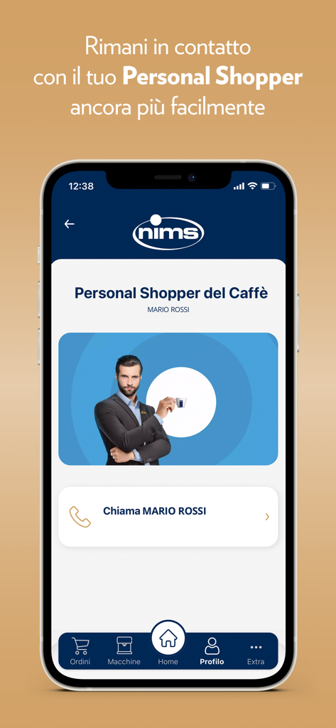 My Nims - Schermata dell'app My Nims che mostra il profilo di un personal shopper di caffè con un pulsante di chiamata