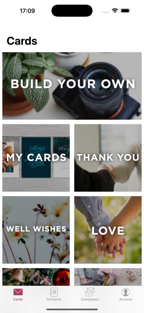SendOutCards - SendOutCards mobile app interface showing greeting card categories like Thank You and Well Wishes