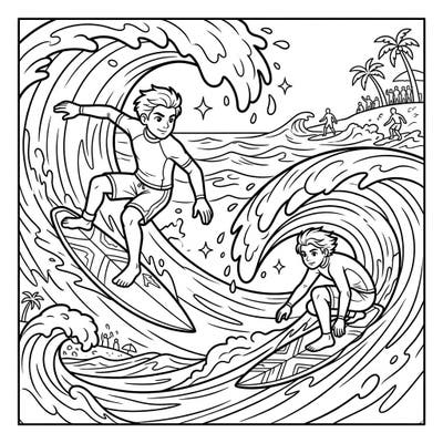 Get ready for an ocean adventure with this exciting competitive surfers coloring page! Young artists can bring the thrill of riding big waves to life with their favorite colors.