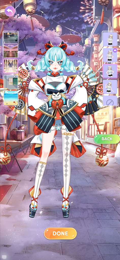 Magic Fashion: Doll Dressup - An anime style doll with blue hair wearing a decorative kimono inspired outfit in a fashion dress up game