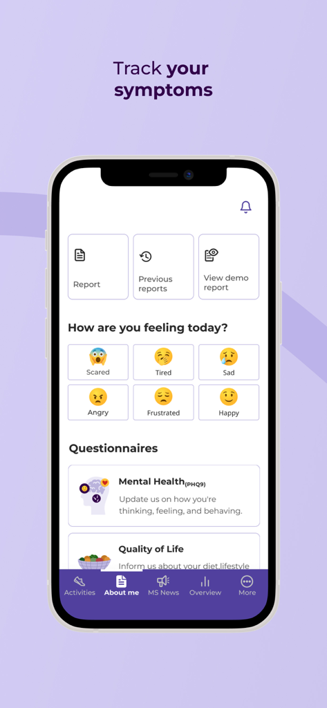 BeCare MS: Multiple Sclerosis - A mobile screen from the BeCare MS app titled Track your symptoms showing mood emojis and health questionnaires.
