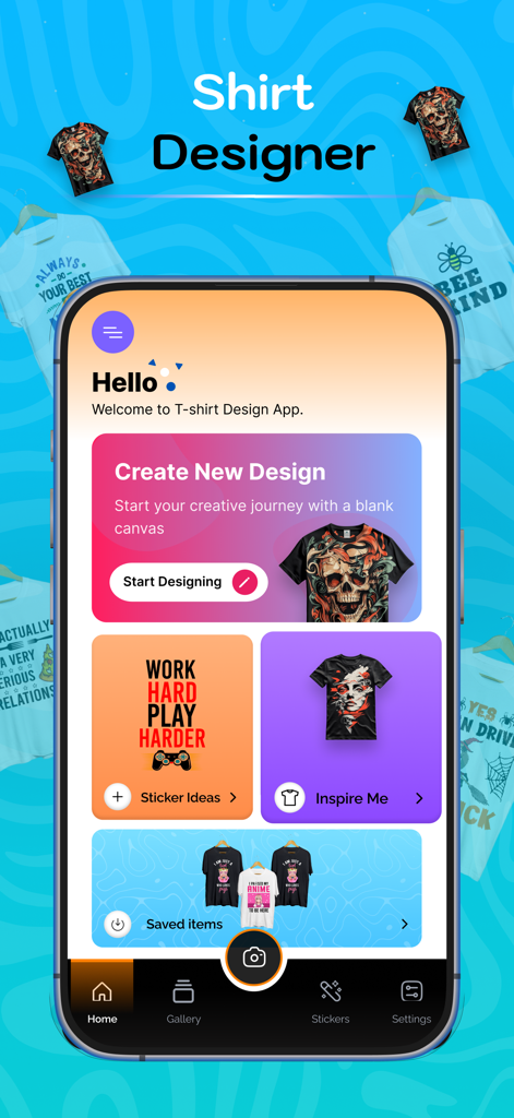 T-Shirt Editor: Shirt Designer - Mobile app home screen for T-shirt and hoodie design featuring creative tools and mockups.