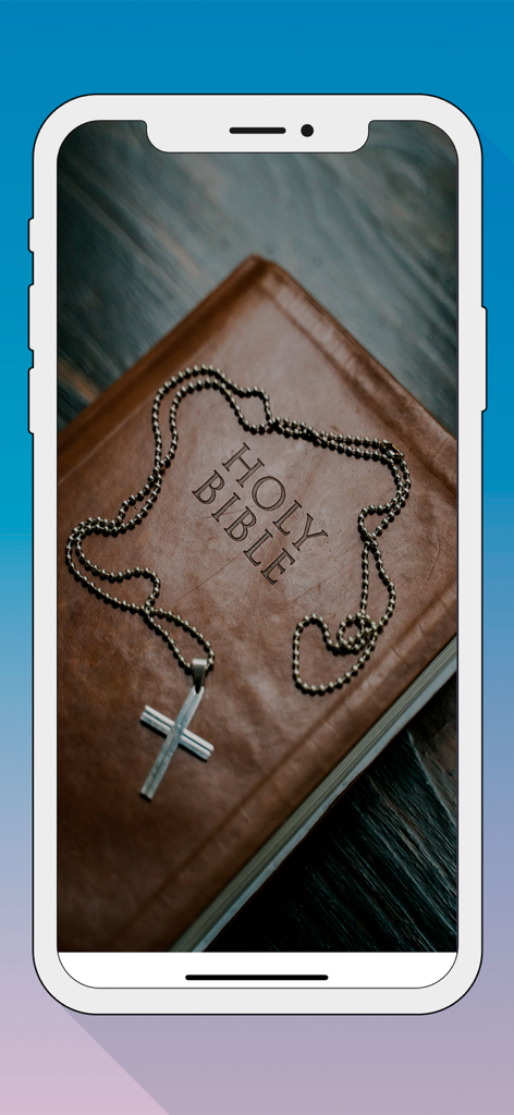 A smartphone displaying a brown leather Holy Bible with a silver cross necklace on the screen.