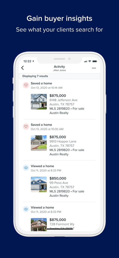 Premier Agent - Premier Agent app interface showing client property search history and saved homes