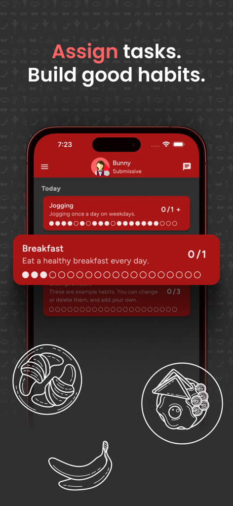 Interface of Obedience app showing habit tracking and task assignment for a submissive user