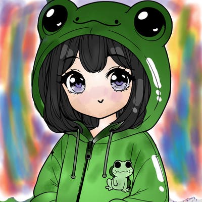 cute realistic girl in a froggy hoodie