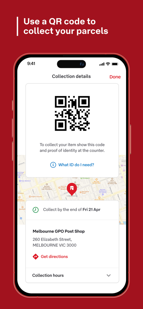 Australia Post - Australia Post app screen displaying a QR code for parcel collection