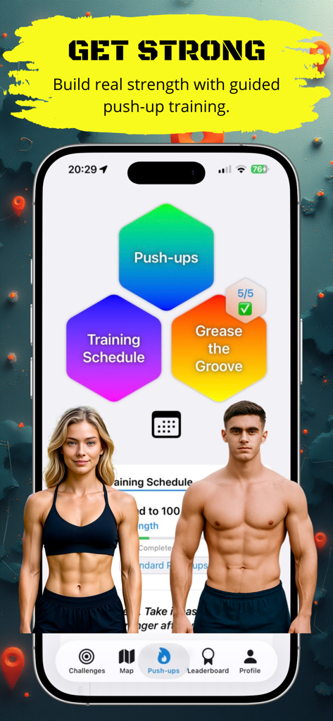 Interfaz de la aplicación móvil Push Up Legends que muestra opciones de entrenamiento y atletas musculosos