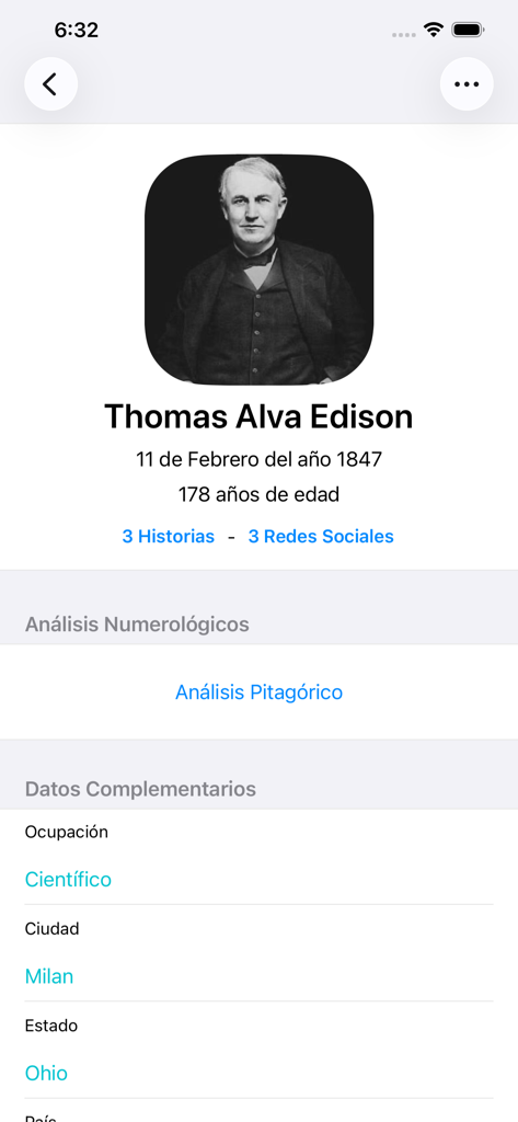 ContactLog - Profile view of a contact in the ContactLog app displaying personal details and a link to numerology analysis