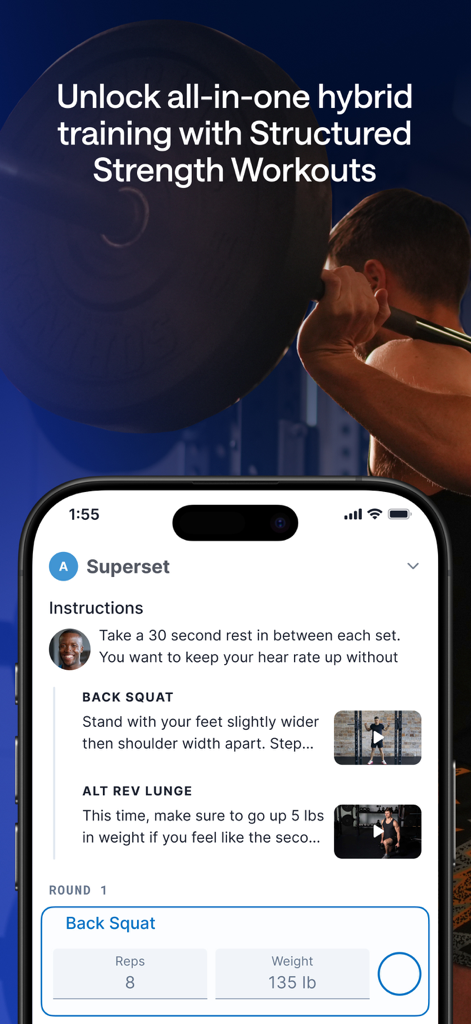 TrainingPeaks App-Bildschirm zeigt strukturierte Anleitungen und Tracking für Krafttrainingseinheiten wie Kniebeugen
