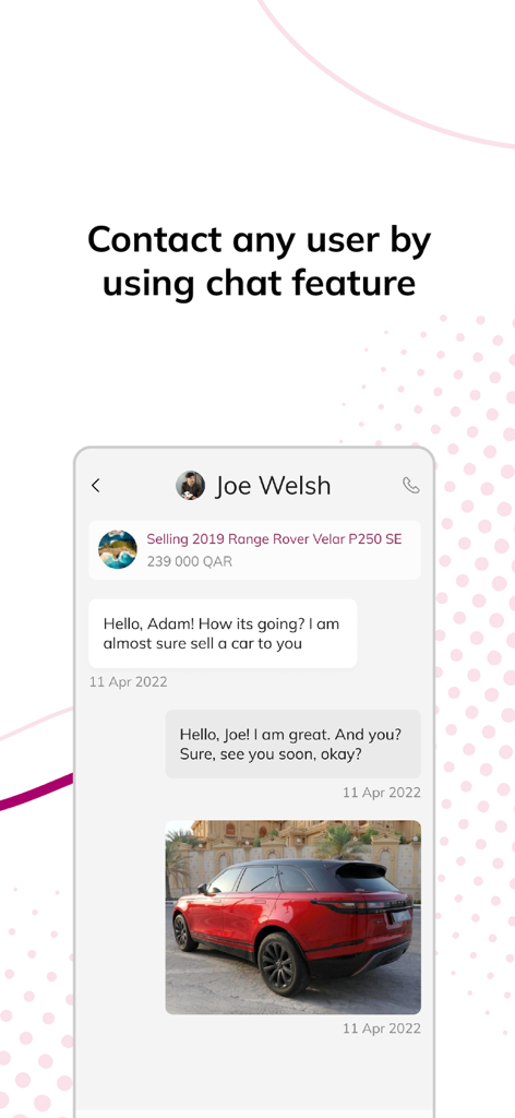 Mzad Qatar مزاد قطر - Mzad Qatar app chat interface showing a buyer and seller negotiating a car sale