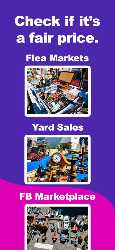 Thrift - Ebay & Seller Tools - Marketing graphic for ThriftMagic app showing sourcing locations like flea markets and yard sales to check for fair item prices