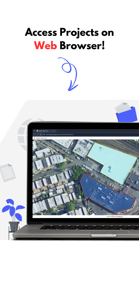 GPS Land Measurement & Survey - A laptop screen displaying the Mapulator web interface with color coded land measurements on a satellite map.