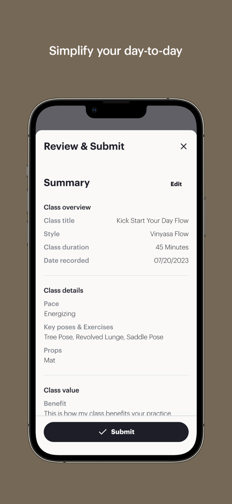 Screenshot of the Glo Business app Review and Submit screen displaying yoga class details like Vinyasa Flow style and 45 minute duration.