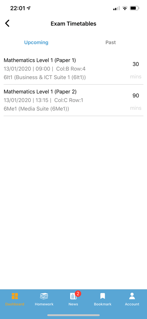 Bromcom Student App - Screenshot of the Exam Timetables screen in the Bromcom Student App showing upcoming mathematics exam details including dates times and room locations