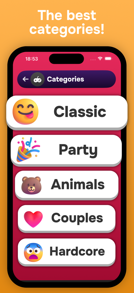 Pantalla de aplicación móvil mostrando múltiples categorías de juegos para ¿Prefieres? incluyendo modos Clásico, Animales de Fiesta, Parejas y Difícil