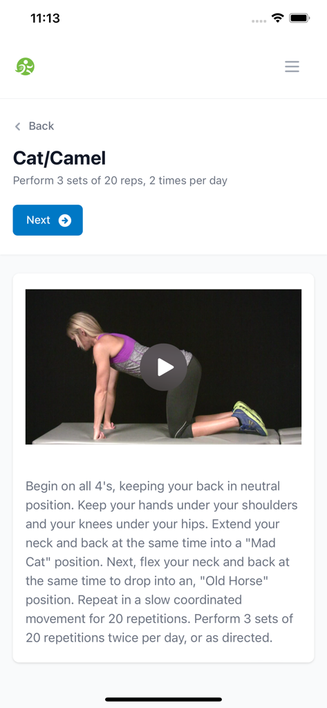 HealthCom app screen showing a video tutorial and instructions for the Cat Camel exercise