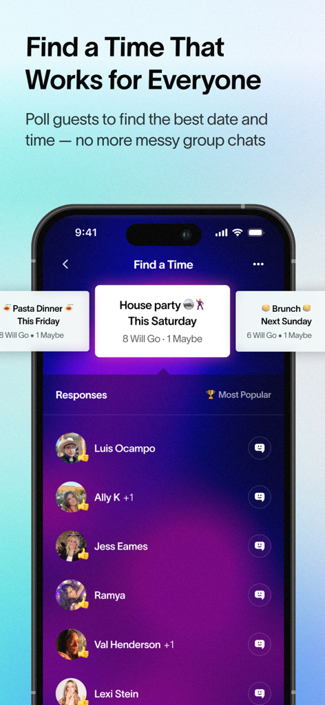 Partiful App-Oberfläche, die eine Funktion zur Befragung von Gästen nach dem besten Event-Datum und der besten Uhrzeit zeigt