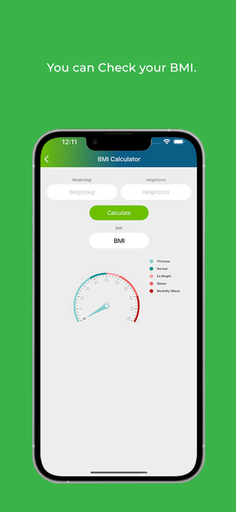 DocOnline: Ask a Doctor Online - The BMI calculator interface of the DocOnline app showing fields for weight and height and a health status gauge.