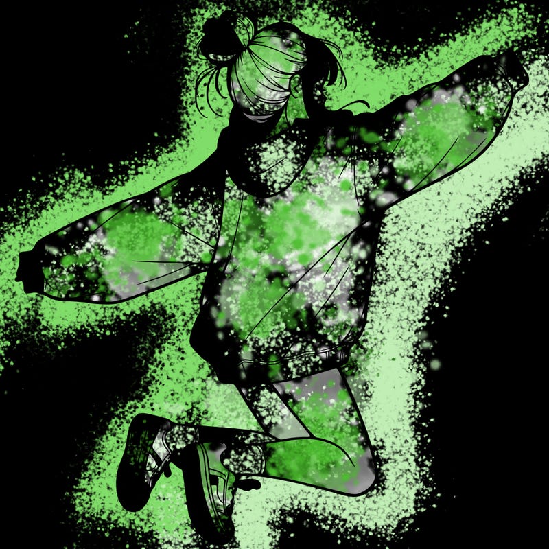 realistic girl jumping with a bun and oversized sweatshirt