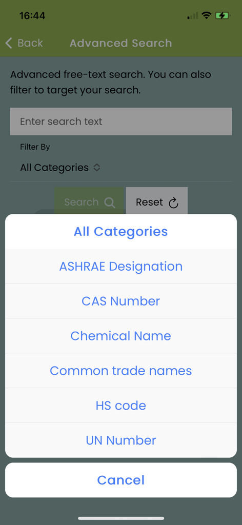 What Gasアプリの詳細検索画面。ASHRAE指定、CAS番号、UN番号などのフィルターオプションが表示されます。