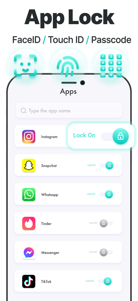 Interfaccia di App Lock che mostra gli interruttori per proteggere le app di social media e incontri usando FaceID o Touch ID