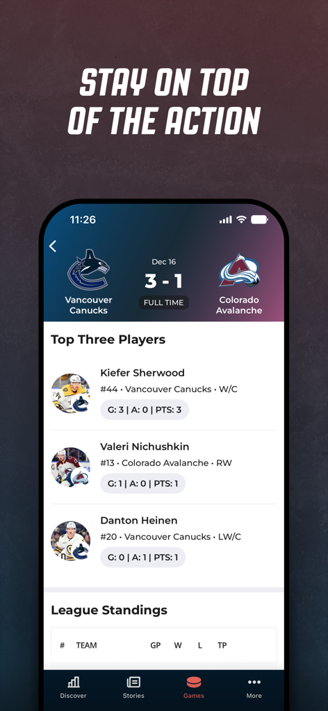 Elite Prospects - Hockey Stats - Elite Prospects app interface showing NHL game results and top player statistics