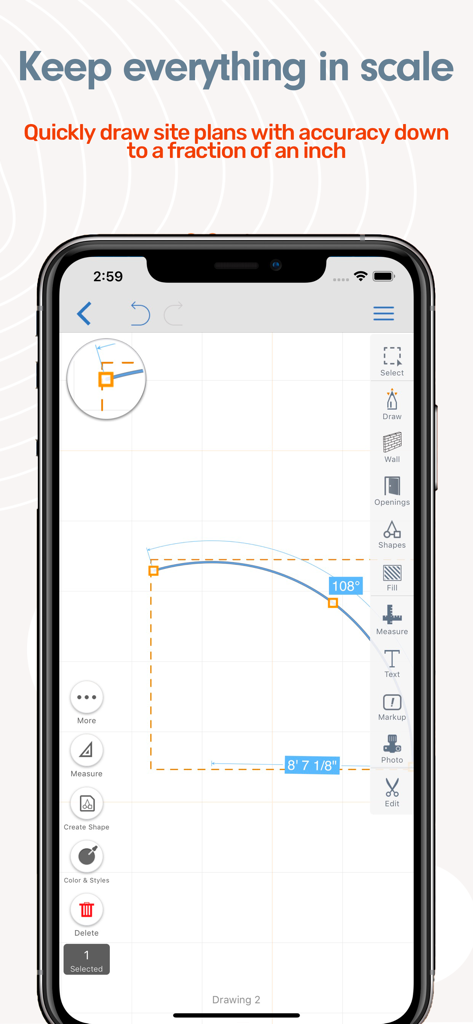 ArcSite: Floor Plans and CAD - Interfaz de la aplicación móvil ArcSite que muestra un dibujo de plano de sitio preciso con mediciones y ángulos a escala