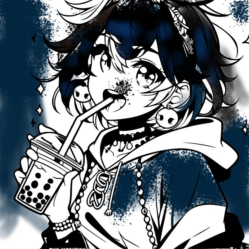 hot baddie anime girl drinking boba and biting the straw