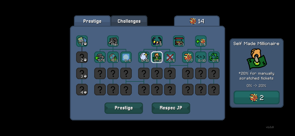 The prestige skill tree in Scritchy Scratchy showing Jack Points upgrades and the Self Made Millionaire bonus