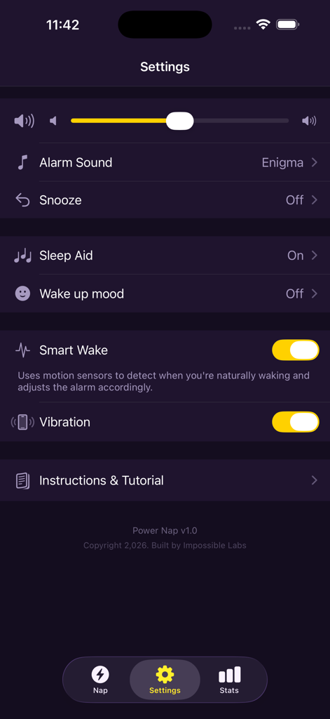 Power Nap - IMPOSSIBLE ® - Power Napアプリの設定画面。スマートウェイクとオーディオコントロールが表示されています。