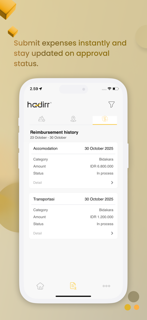 Hadirr app screen displaying reimbursement history for employee expenses.