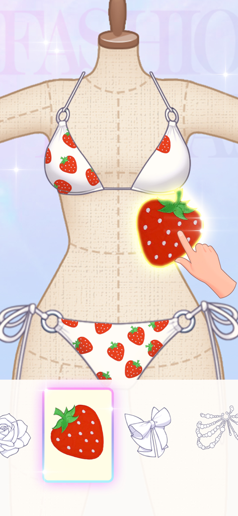 A person using the garment editor to add a strawberry pattern to a white bikini on a mannequin