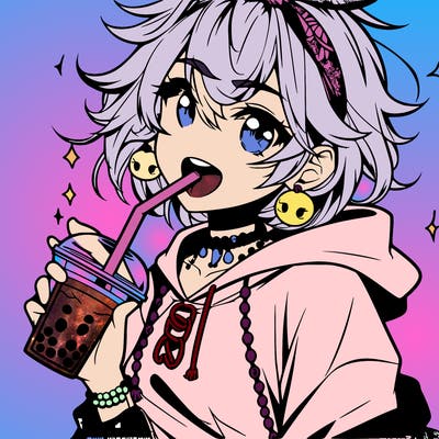 hot baddie anime girl drinking boba and biting the straw