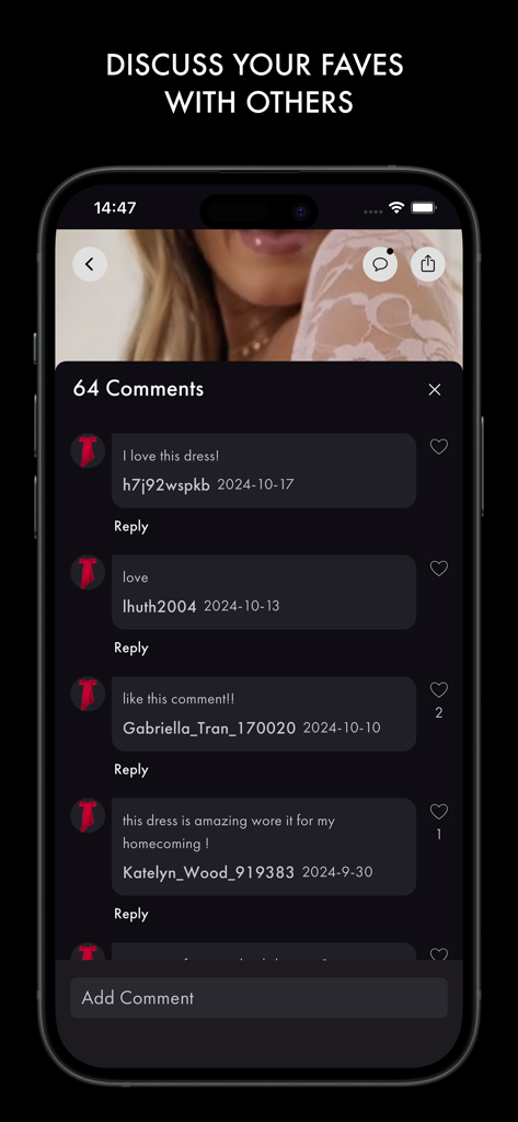 Lucy in the Sky Store - Interface of the Lucy in the Sky fashion app showing a community comment section where users discuss homecoming dresses and outfit favorites