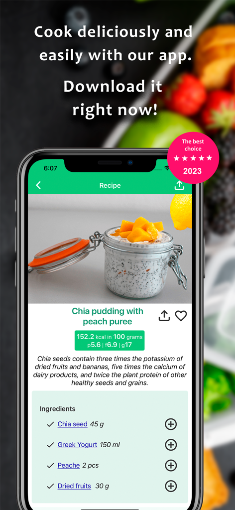 건강한 음식 레시피 목록 앱에서 영양 정보와 재료가 포함된 치아 푸딩 레시피를 표시하는 스마트폰 화면.