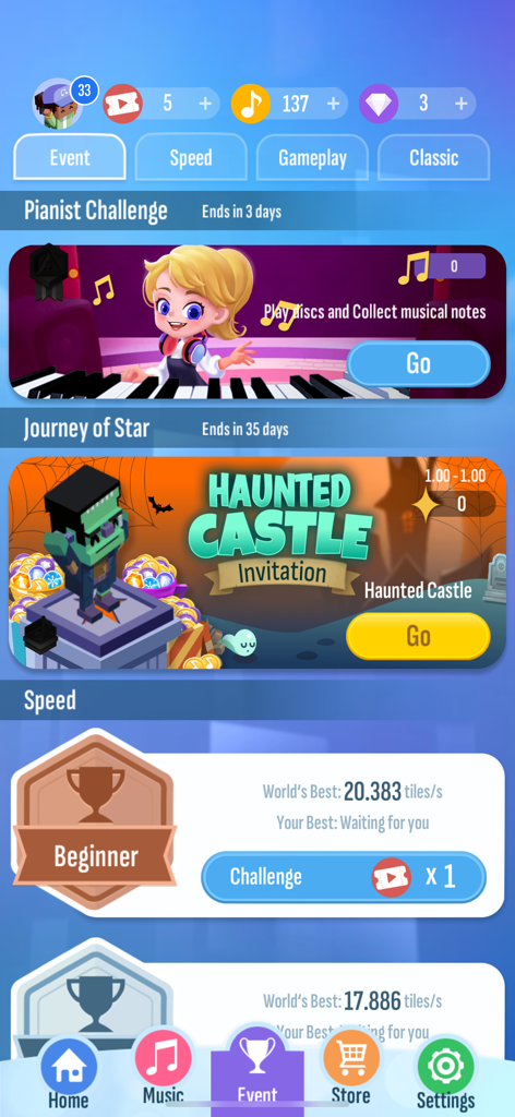 Screenshot of the event menu in Piano Tiles 2 featuring the Pianist Challenge and Haunted Castle Journey of Star banners.