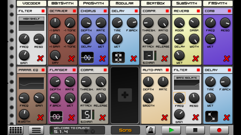 Interface of Caustic 3 music app showing multiple synthesizer and effect rack modules