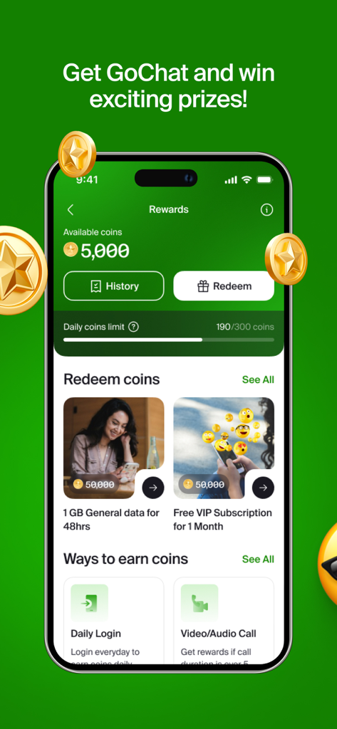 GoChat Messenger rewards screen displaying earned coins and redemption options for free data and VIP features
