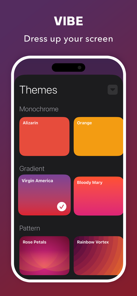 Choozy - Finger Chooser - A menu in the Choozy app displaying various colorful themes including monochrome, gradients, and patterns.