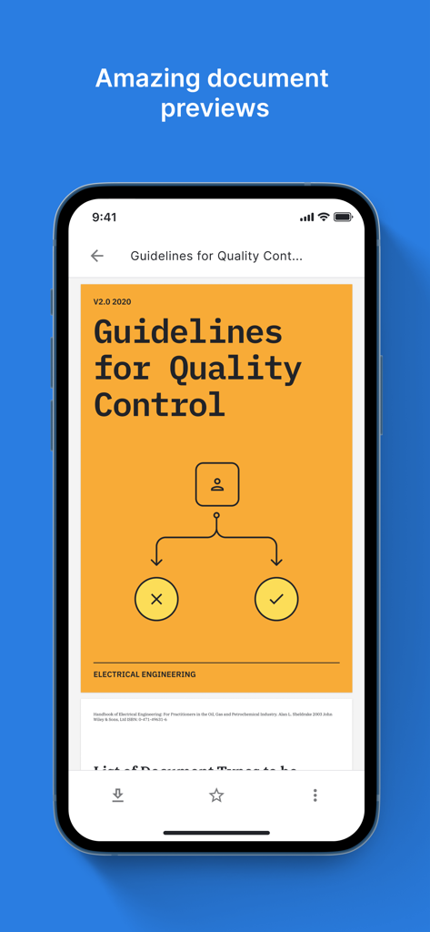 Alfresco Mobile Workspace - Alfresco Mobile Workspace smartphone app interface displaying a high-quality document preview of electrical engineering quality control guidelines.