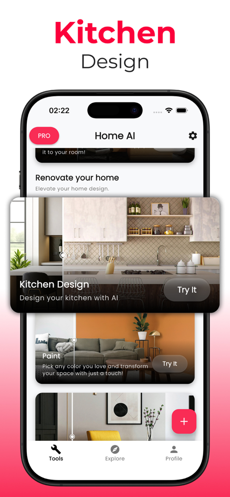 Interfaz de la aplicación móvil que muestra funciones de diseño de cocinas con IA y renovación del hogar.