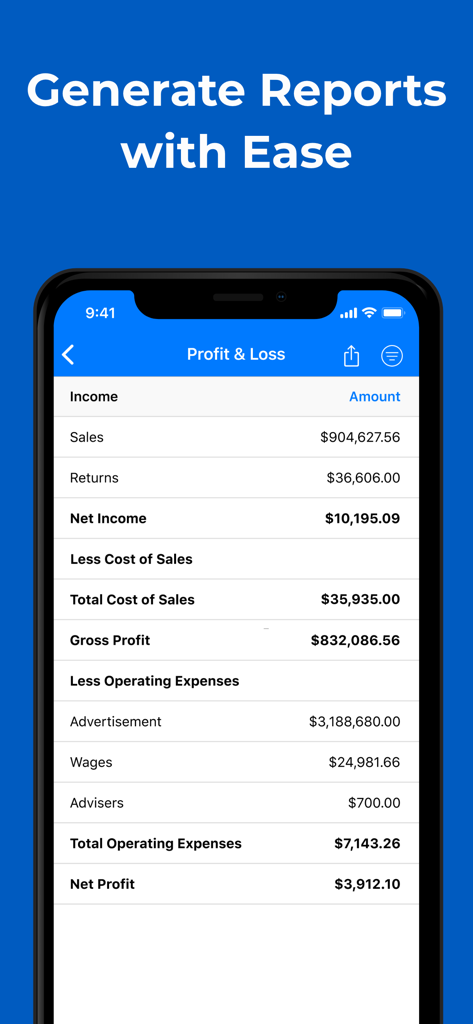 Un smartphone affichant un compte de résultat au sein de l'application Easy Invoice Maker